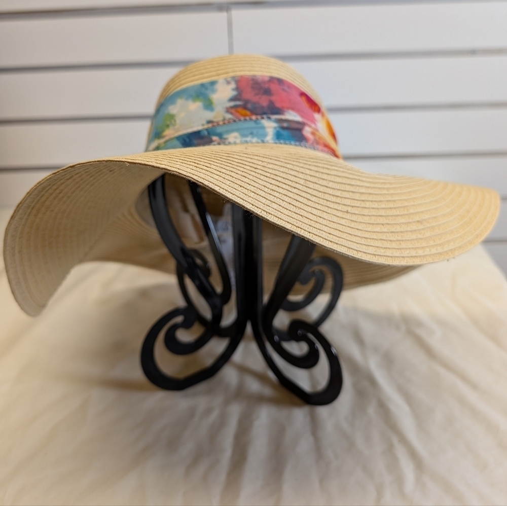 🆕️ ELLEN TRACY Oversized Sun Hat With Scarf Trim NWT